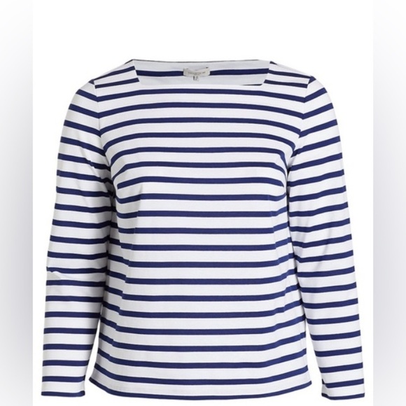 Lafayette 148 New York Tops - Lafayette 148 boat neck long sleeve navy white striped nautical cotton top Sz XS
